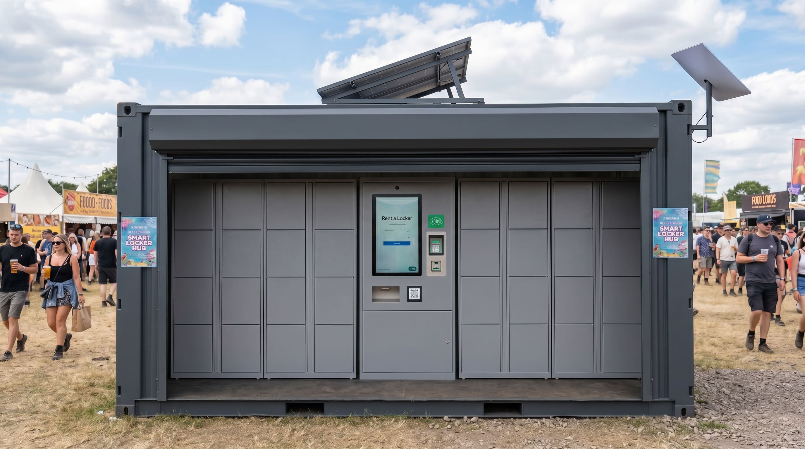 LockVault smart locker container deployed at a UK festival — solar panels on the roof, Starlink dish on the side, and a tap-to-rent kiosk at the centre of the locker bank